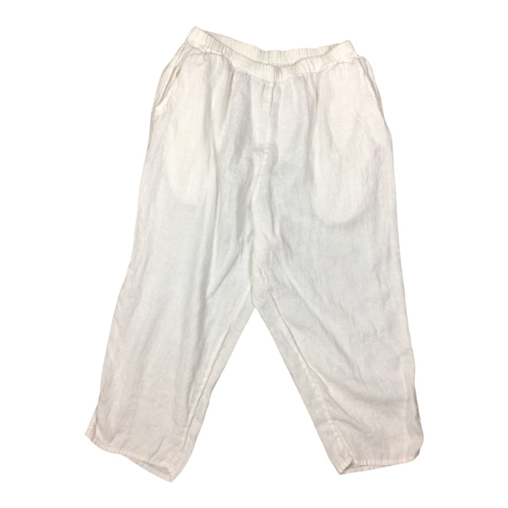 Flax by Jeanie Engelhart White Linen Elastic Waist Pants Medium Pockets